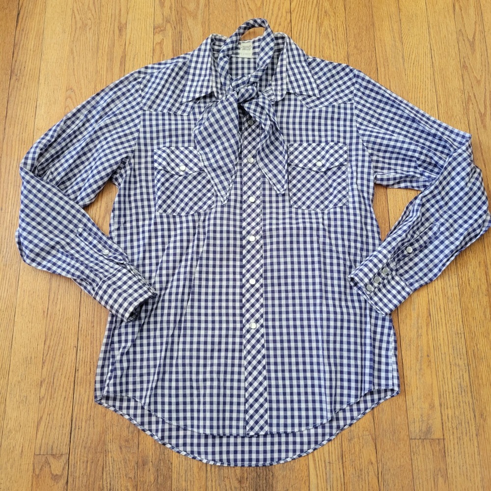 Malco Modes 16.5 35 Western Shirt Blue‎ Gingham Pearl Snap Vintage Hanky Cowboy